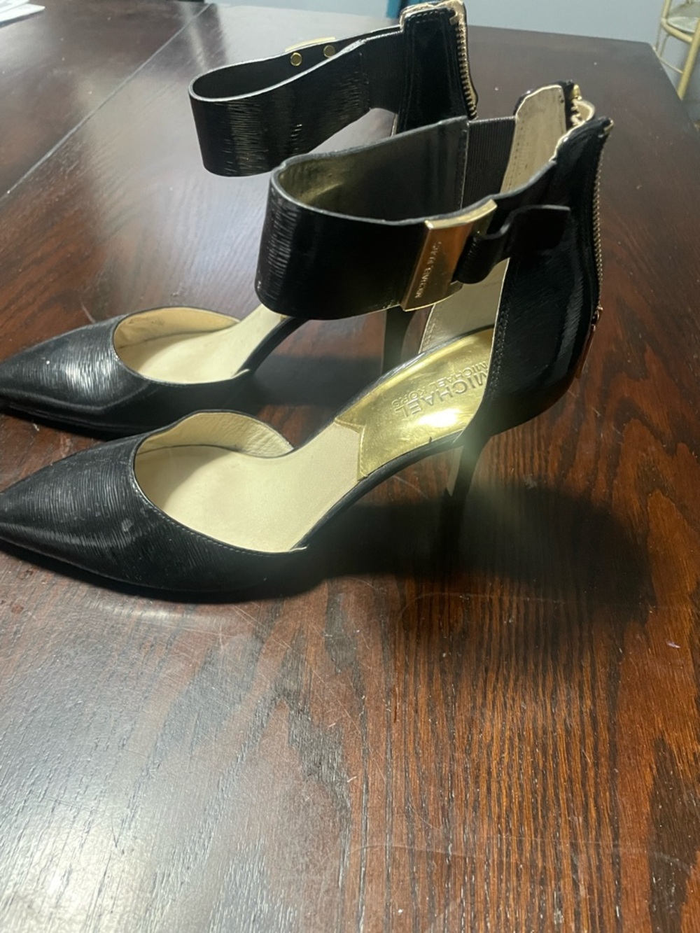 MICHAEL Michael Kors Black Pointed Ankle-Strap Pumps with Gold Accents - Picture 3 of 4